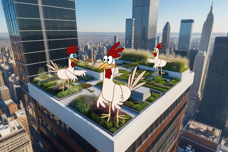 Image: chickens on a roof