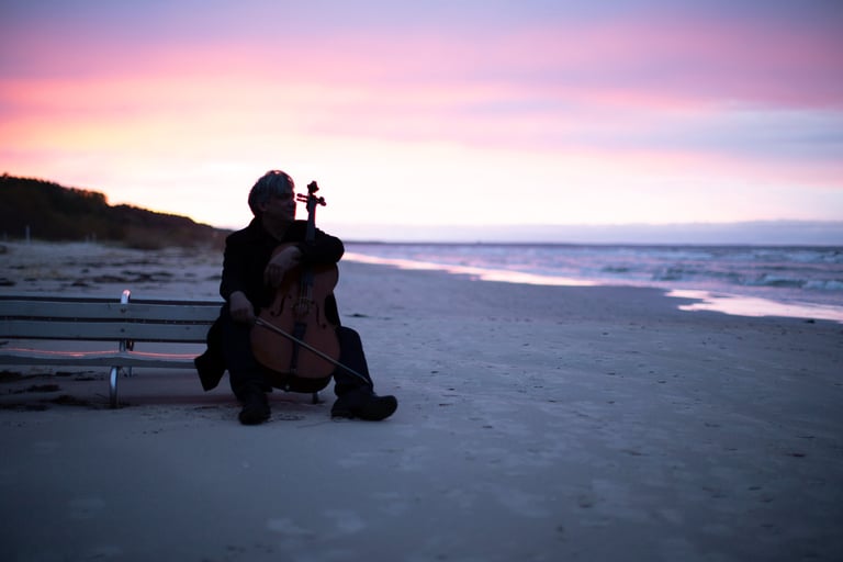 a man playing cello on a bench at sunset