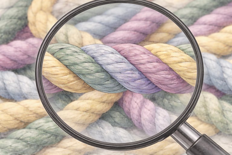 Braided strands of colourful string under a magnifying glass