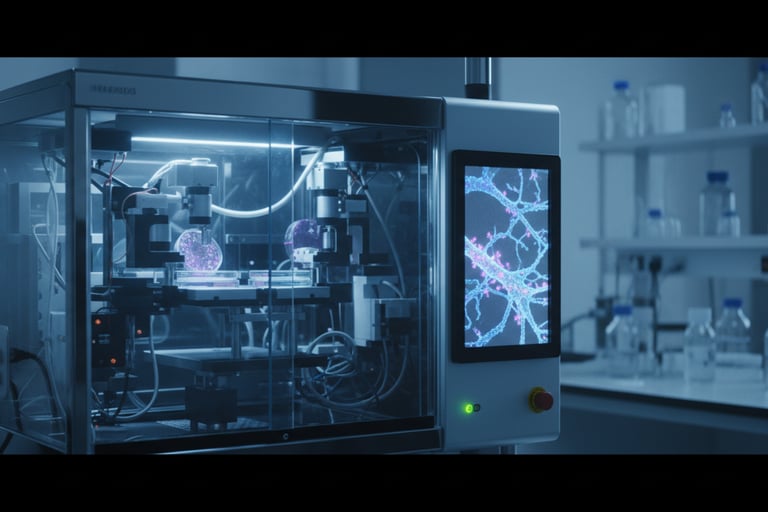 Equipamentos de laboratório de ponta com iluminação azulada analisando células-tronco para a cura do