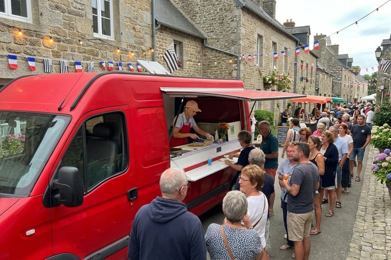 fête de village bretonne avec le virginia food truck servant des galettes saucisses à une longue file de visiteurs