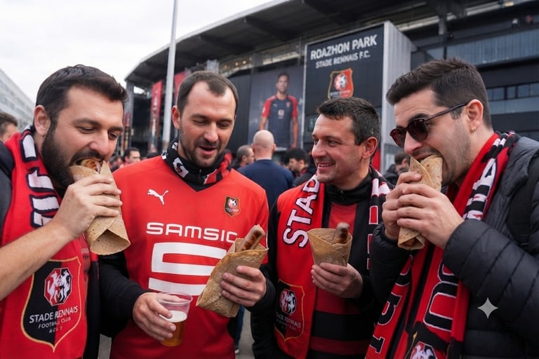 supporters rennais dégustant des galettes saucisses