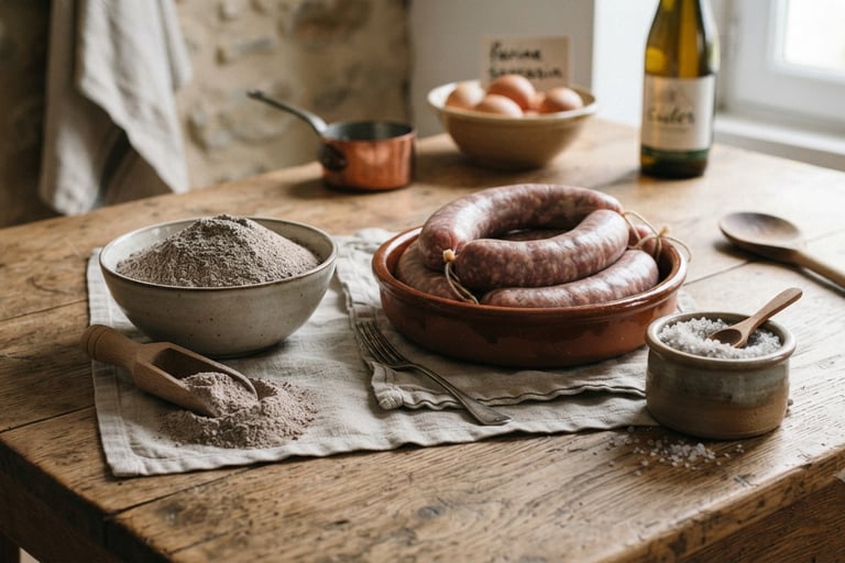 table présentant les ingrédients bruts : farine de sarrasin, saucisses, sel de Guérande