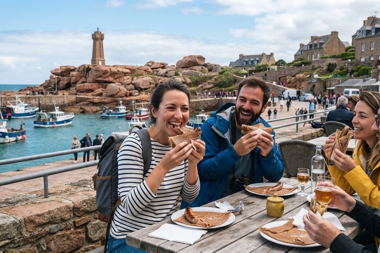 touristes dégustant une galette saucisse dans un paysage breton