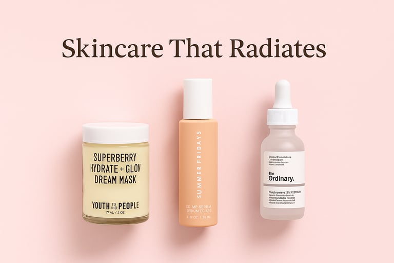 Three glow-enhancing skincare products displayed on a soft pink background with the phrase “Skincare