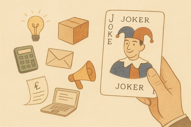 Hand holding a joker playing card surrounded by business icons like a calculator, receipt, laptop