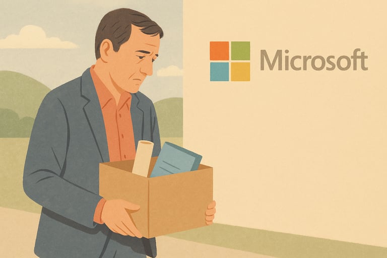Laid-off employee leaving Microsoft office with a box of belongings
