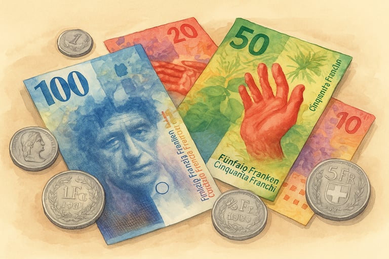 Swiss banknotes and coins – colourful francs in various denominations