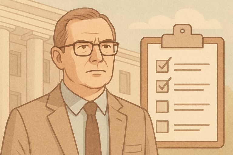 Serious man in suit with checklist clipboard – symbolic of compliance or audit process