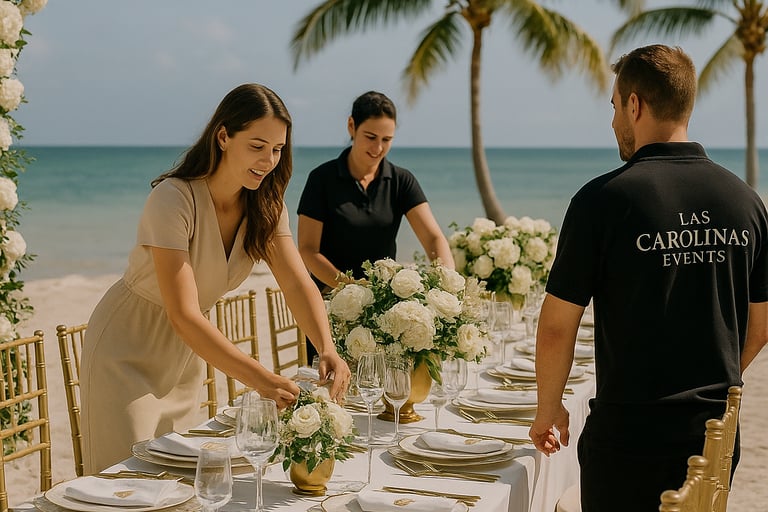 Elegant event setup with luxury floral arrangements and tropical outdoor ambiance, representing the beginning of Las Carolina