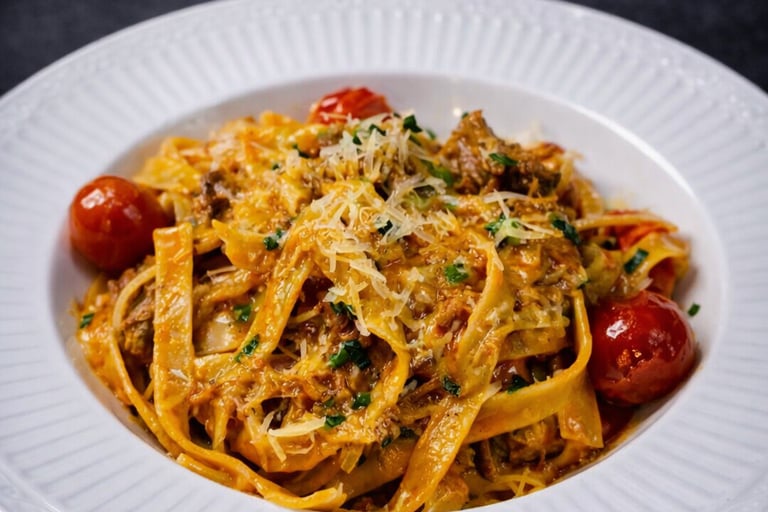 Fettuccine con salsa de Cordero Victoriense y tomate confitado en Yukatan, Victoria