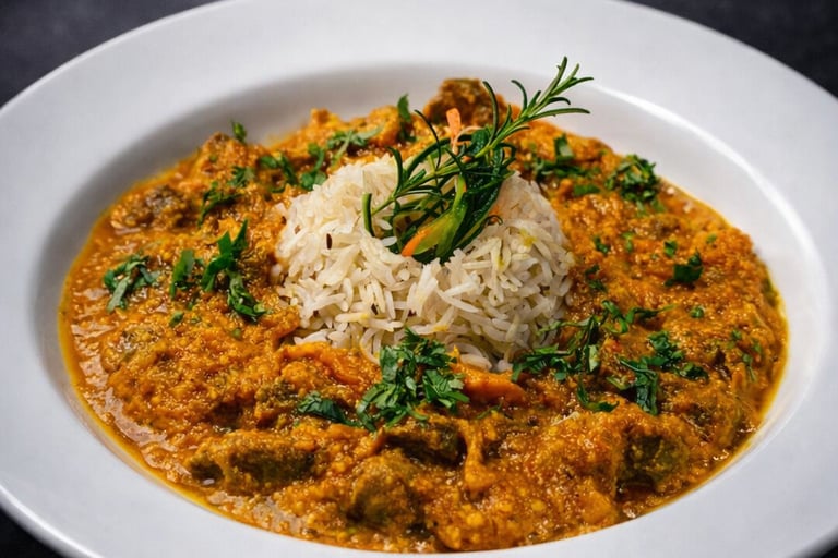 Guiso de pierna de Cordero Victoriense macerado en kefir con especias y arroz basmati