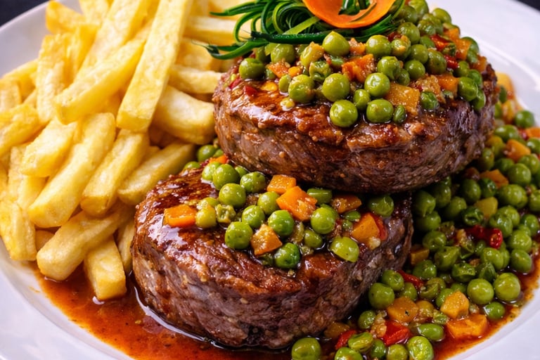 Medallón de Cordero Victoriense arvejado con papas fritas