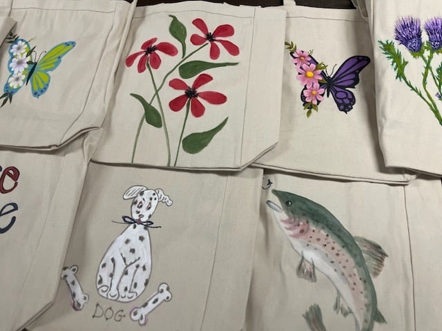 hand painted flowers, Dalmatian, butterfly, fish, flowers