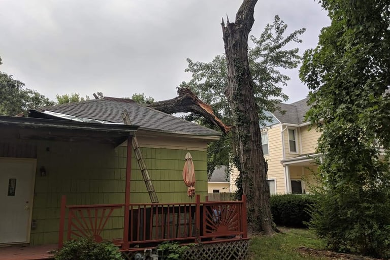 Storm damaged maple tree in Ottawa Kansas Tree on house 