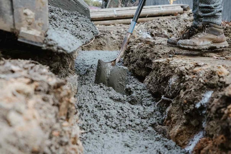 Construction worker pouring concrete for a foundation. Custom Concrete Texas: Building strong founda