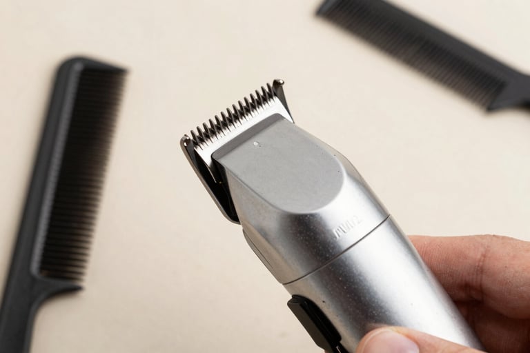Detail shot of a professional North American / International men's grooming session. Close up on silver clippers and a comb, with light beige and off-white studio background. The style is clean, sharp, and masculine, conveying refined professionalism.