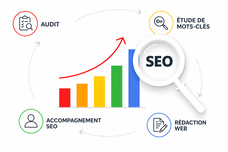 Outils SEO incluant audit sémantique, analyse de mots-clés, rédaction web et optimisation de site internet