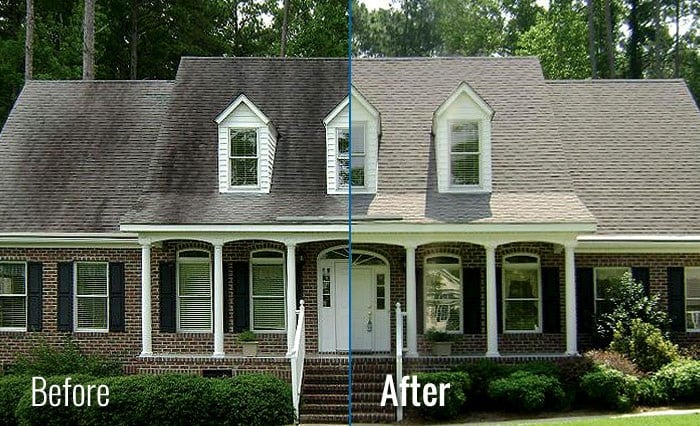 Before and after roof cleaning showing dramatic results from soft washing a residential home 
