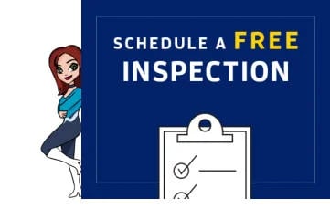 Cartoon woman peeking behind a blue banner to schedule a free inspection with a clipboard icon.