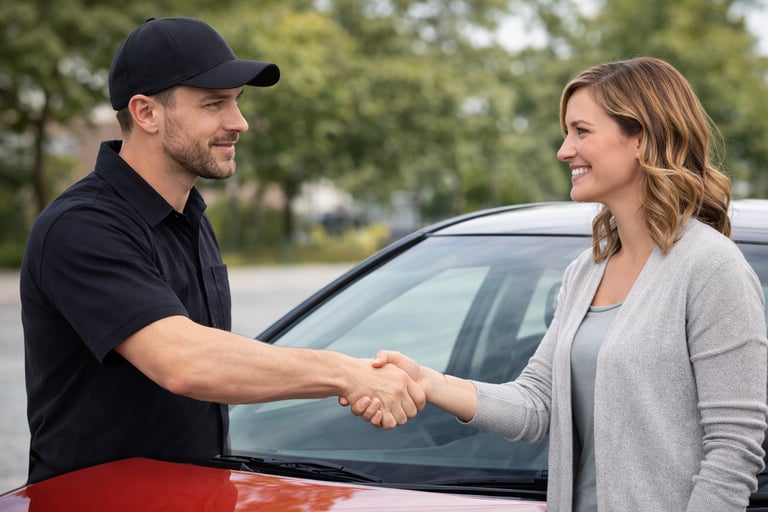 A smiling car mechanic shaking hands with a female customer next to a vehicle after a successful auto repair service.