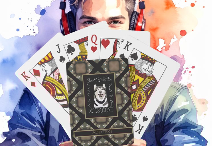 a man in a suit and headphones holding up a card game with a Husky's photo and text.  Personalize.
