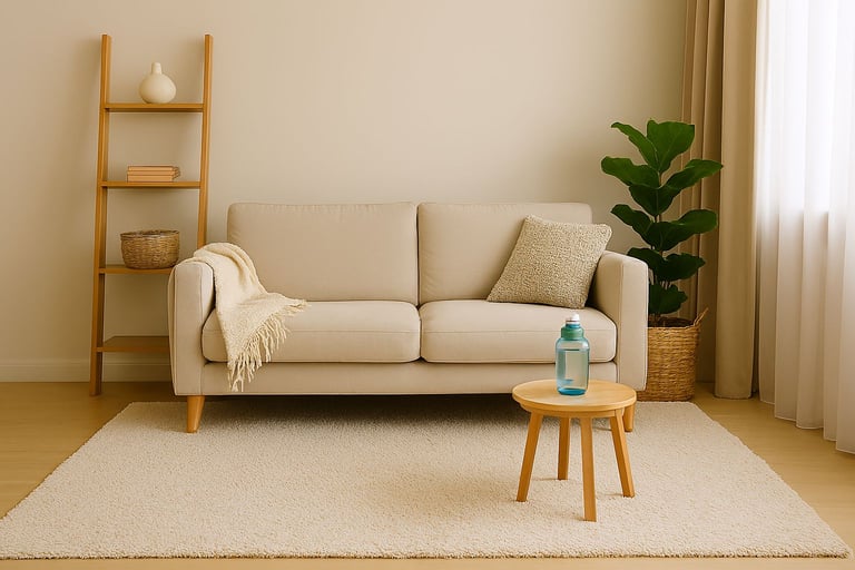 ambiente tranquilo em casa – sala com tapete e garrafinha de água)