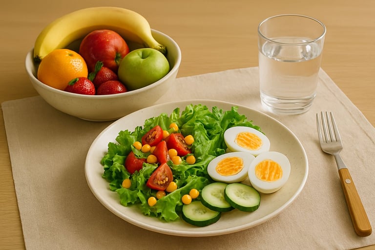 Mesa com salada colorida, frutas frescas e ovos cozidos — alimentação saudável para emagrecer em cas