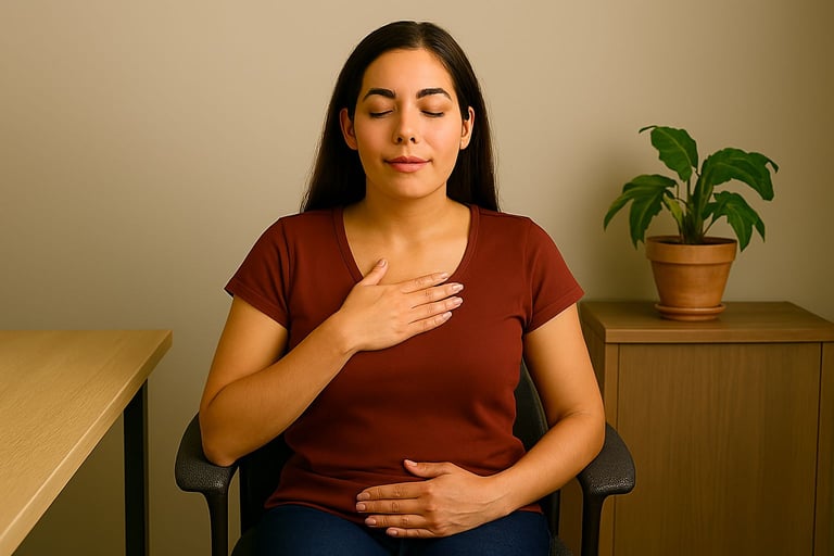 Imagen de uma pessoa respirando fundo com a mão no peito e na barriga