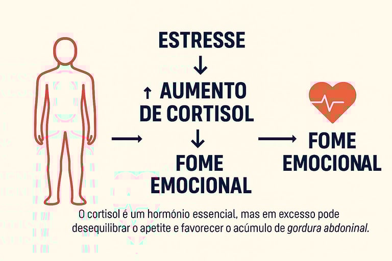 Imagem como o cortisol elevado por ansiedade contribui para a fome emocional e ganho de peso