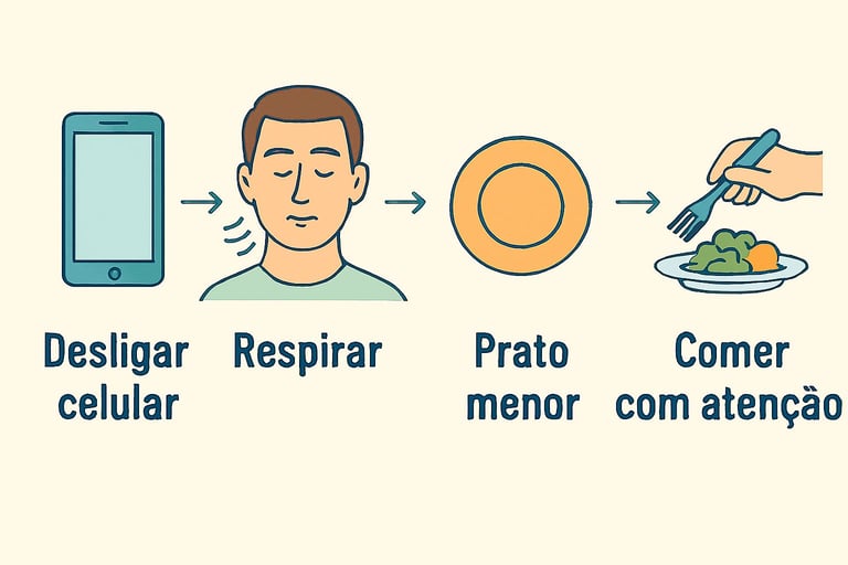 Checklist visual de rotina anti ansiedade pré-refeição, respiração e mindful eating