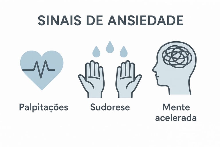 Infografia com ícones de sinais de ansiedade, como palpitações e mente