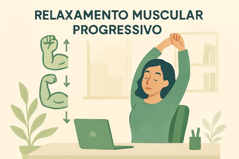 "Pessoa praticando relaxamento muscular progressivo no trabalho, técnica para ansiedade