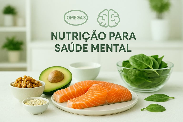 Mesa com alimentos ricos em ômega-3 para nutrição psiquiátrica, apoio à saúde mental e ansiedade