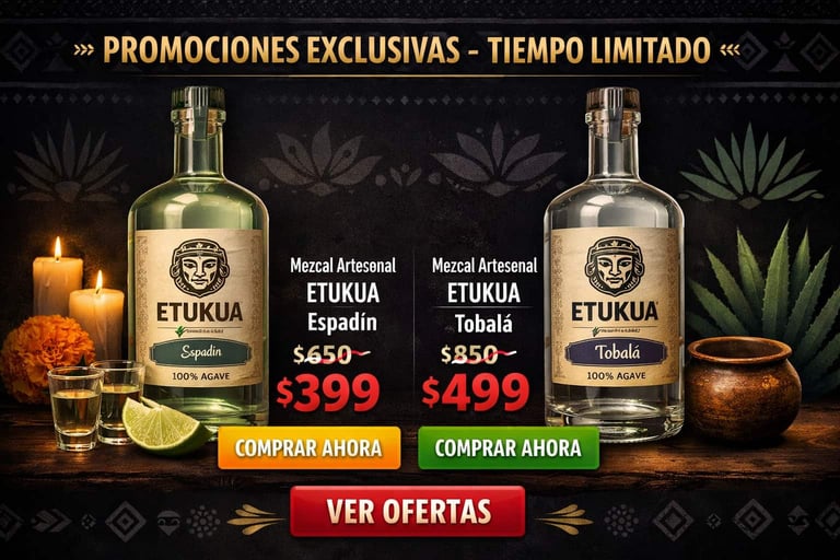 Banner web con ofertas promocionales de mezcal Etukua con botones de compra y precios especiales