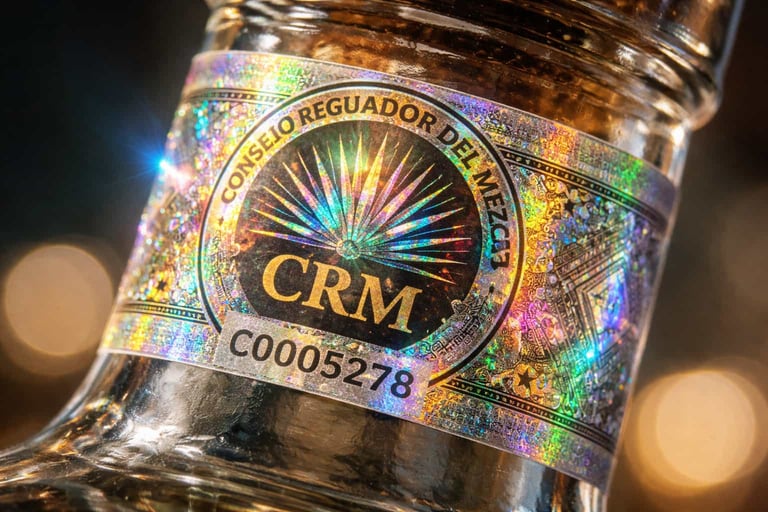 Detalle cercano del holograma del Consejo Regulador del Mezcal (CRM) en una botella de Etukua.