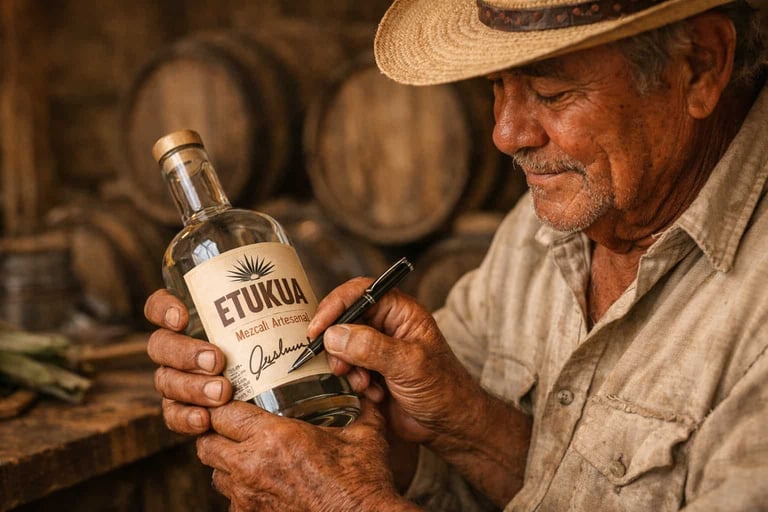 Maestro Mezcalero de Etukua firmando con orgullo la etiqueta de una botella de mezcal artesanal.