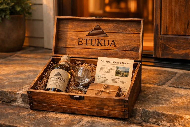 Caja de suscripción Etukua abierta, mostrando una botella de mezcal artesanal, una copa velador y ma