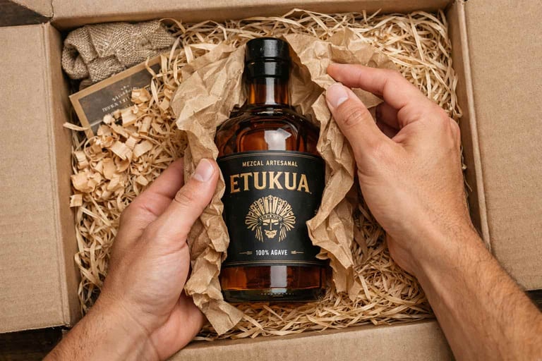 Manos abriendo con anticipación una caja de suscripción de mezcal artesanal Etukua, revelando su con