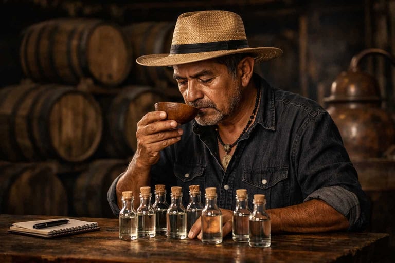 Maestro Mezcalero de Etukua catando y seleccionando mezcales artesanales para los kits de suscripció