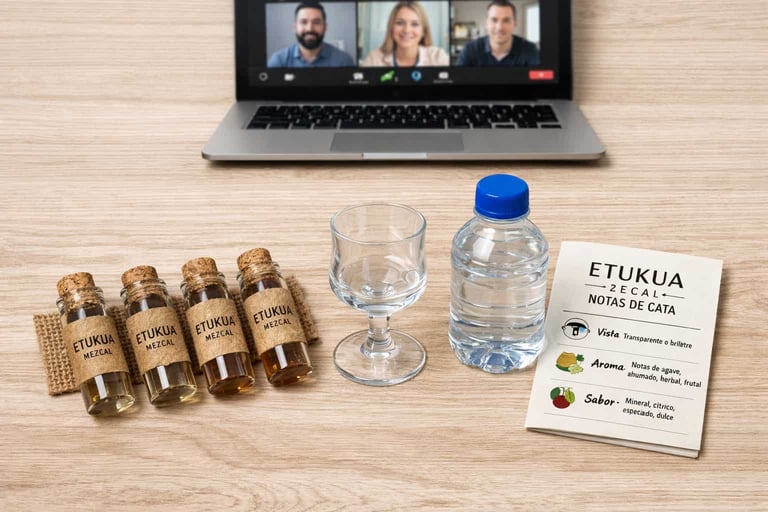 Kit de cata Etukua para online, mostrando viales de muestras de mezcal, copa velador, agua y folleto