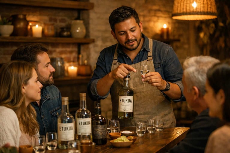 Grupo en una cata presencial de Etukua, con un anfitrión sosteniendo una botella de mezcal artesanal