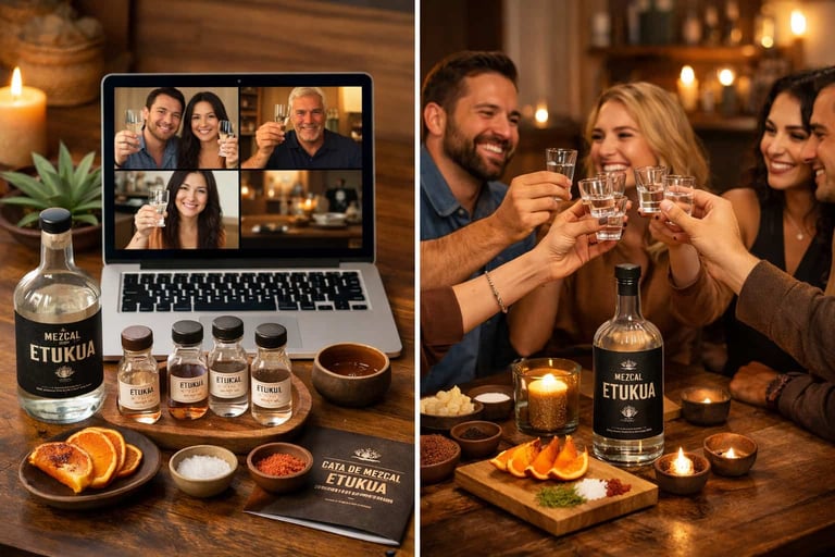 Collage que muestra una cata virtual en laptop y una cata presencial con grupo disfrutando mezcal ar