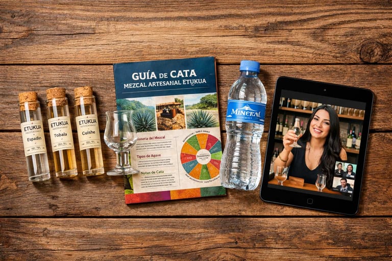 Kit completo de cata virtual Etukua desplegado: muestras de mezcal, copa, guía y acceso virtual