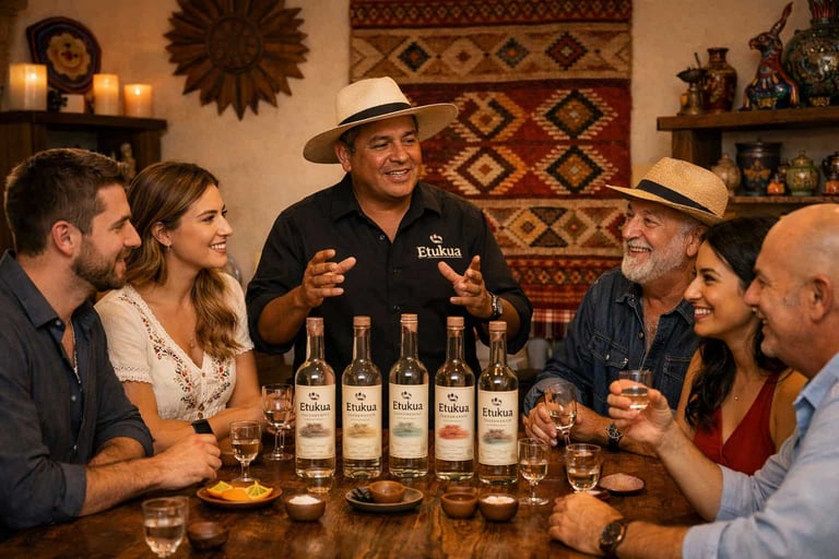 Grupo en cata presencial de Etukua con experto explicando y botellas de mezcal artesanal sobre mesa