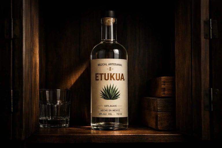 Botella de mezcal artesanal Etukua guardada correctamente en un armario oscuro y fresco, en posición