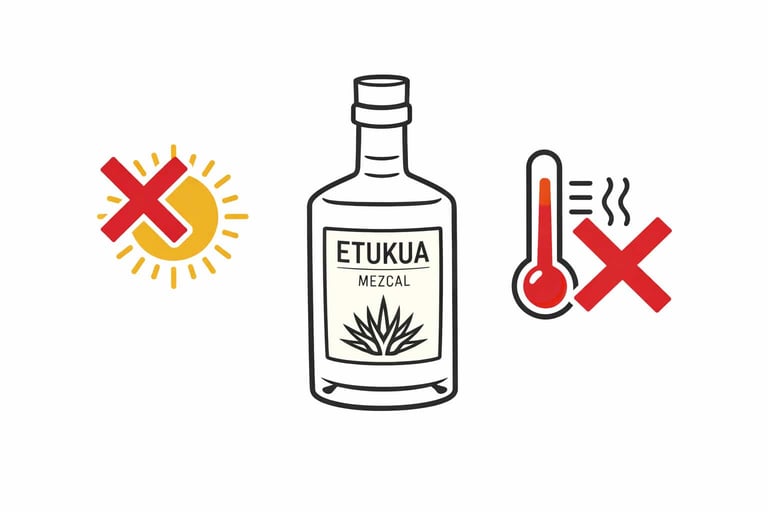 Ilustración estilo infografía que muestra una botella de mezcal con un icono de sol y una flecha 'no