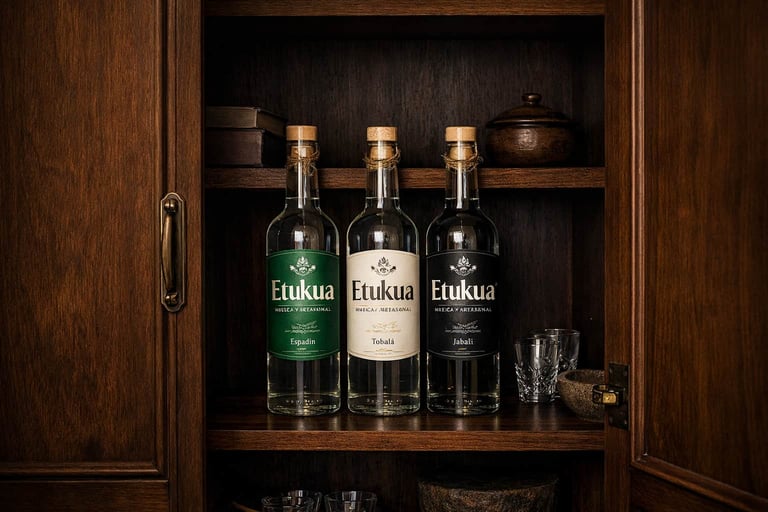 Varias botellas de mezcal artesanal Etukua almacenadas de pie en un estante dentro de un armario osc