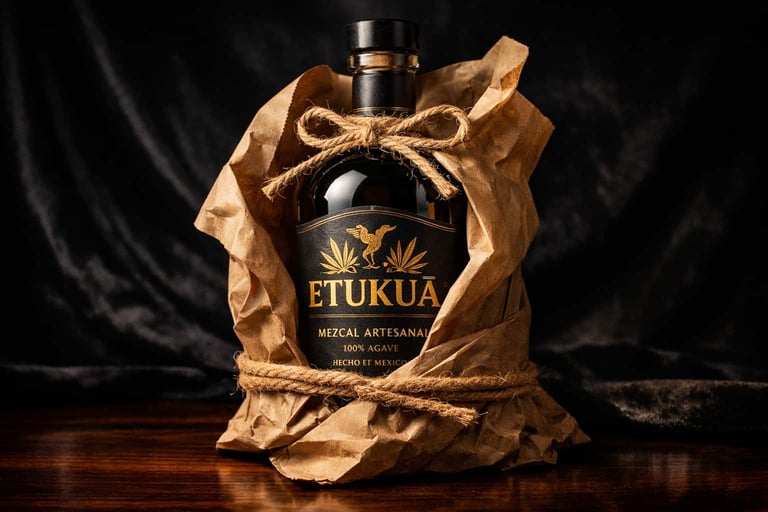 Botella de mezcal artesanal Etukua elegantemente envuelta como regalo con una cinta de yute, sobre u