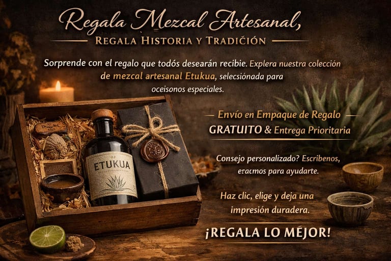 Tres botellas de mezcal artesanal Etukua de diferentes variedades (Espadín, Tobalá, Cupreata) alinea